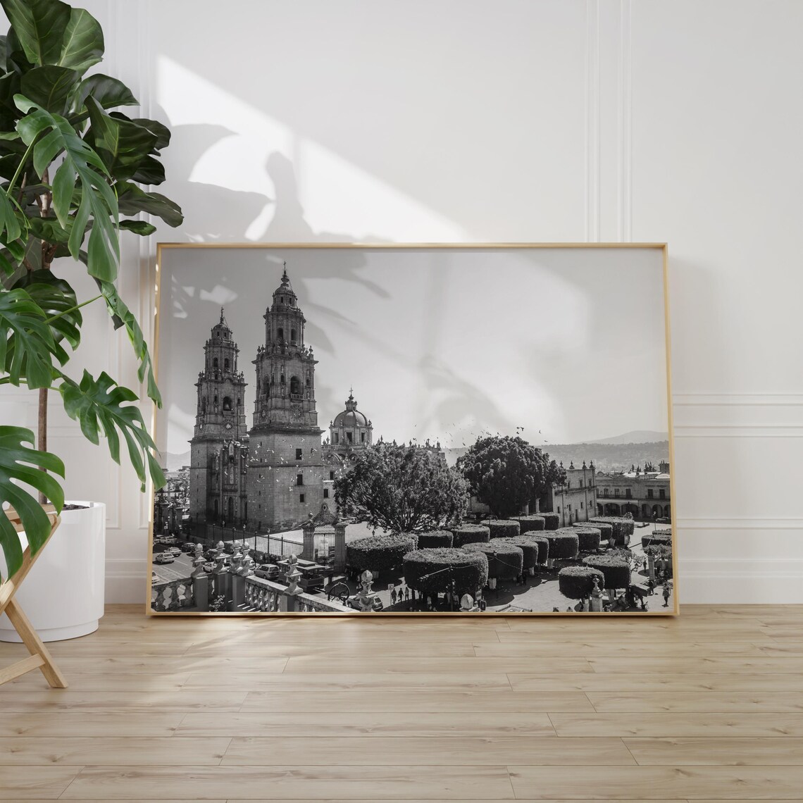 Morelia Cathedral Twin Towers Black and White Colonial Plaza Poster - Image 2