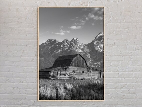 Black and White Grand Teton Historic Barn Wyoming Mountain Poster