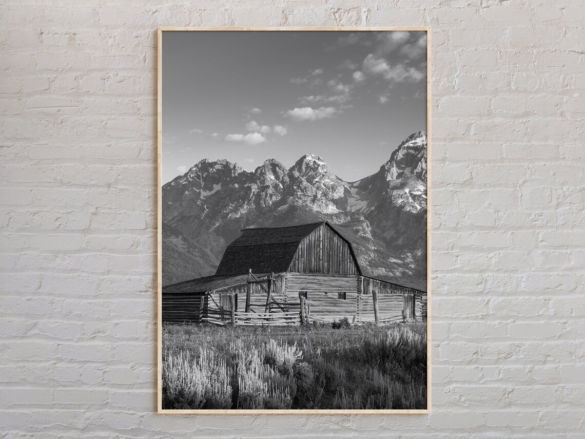 Black and White Grand Teton Historic Barn Wyoming Mountain Poster