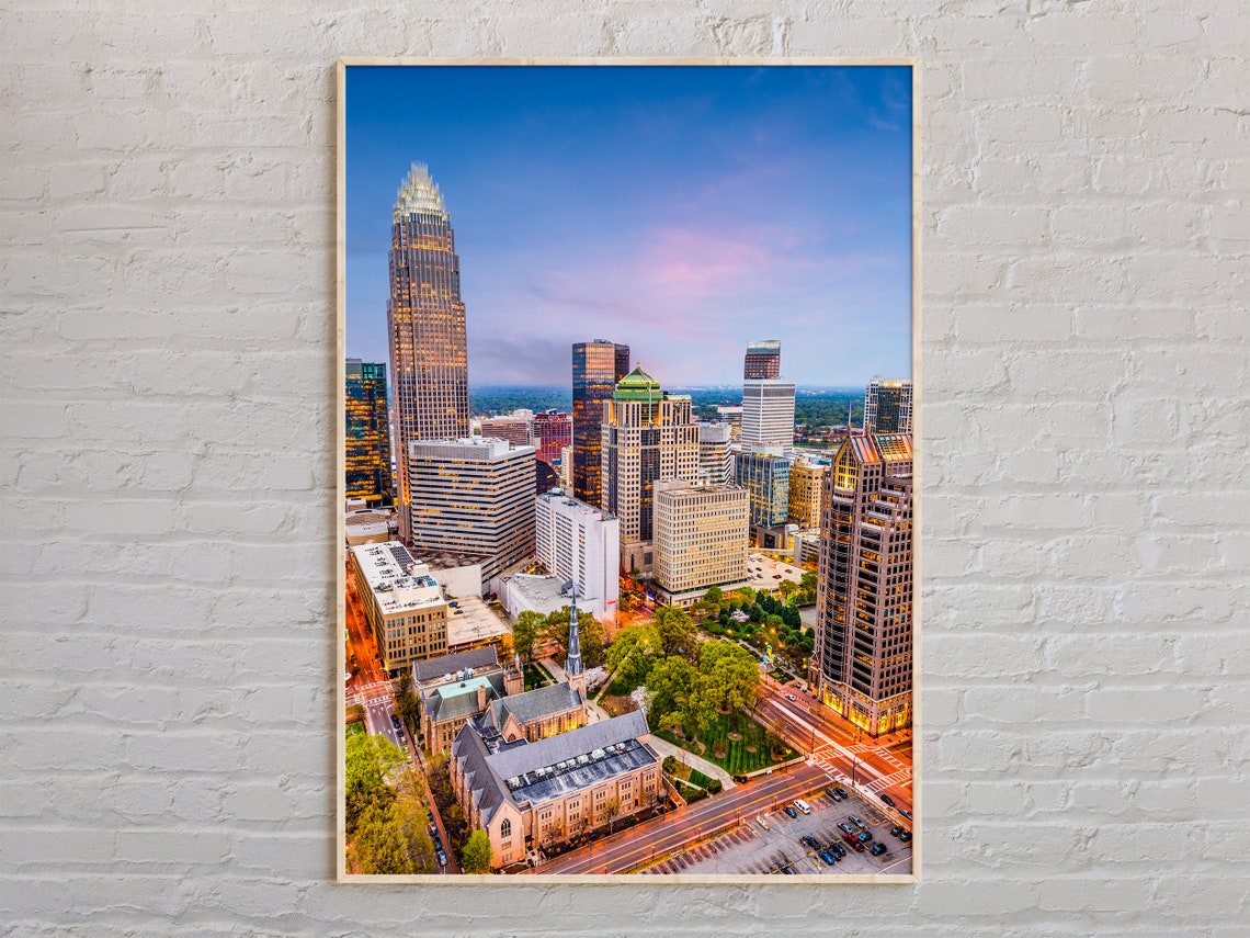 Charlotte North Carolina Downtown Skyline Glowing at Dusk Poster