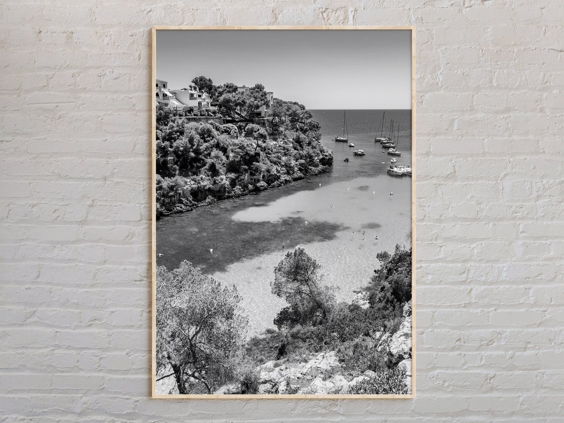 Black And White Mediterranean Cove Boats Coastline Photo Print