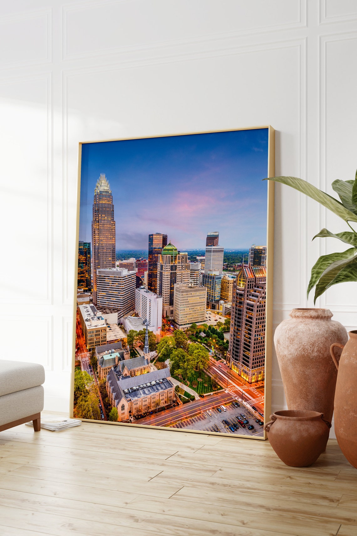 Charlotte North Carolina Downtown Skyline Glowing at Dusk Poster - Image 2