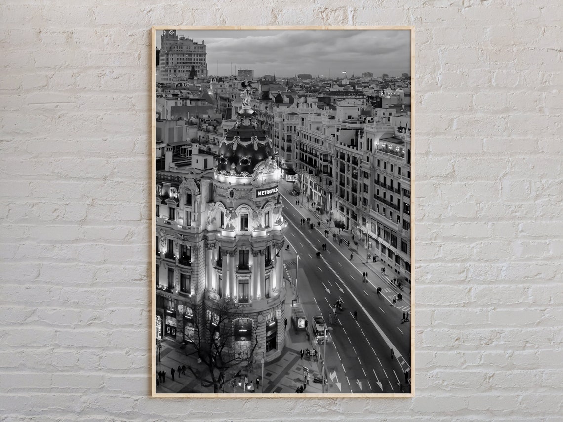 Madrid Metropolis Building Aerial View Black and White City Poster