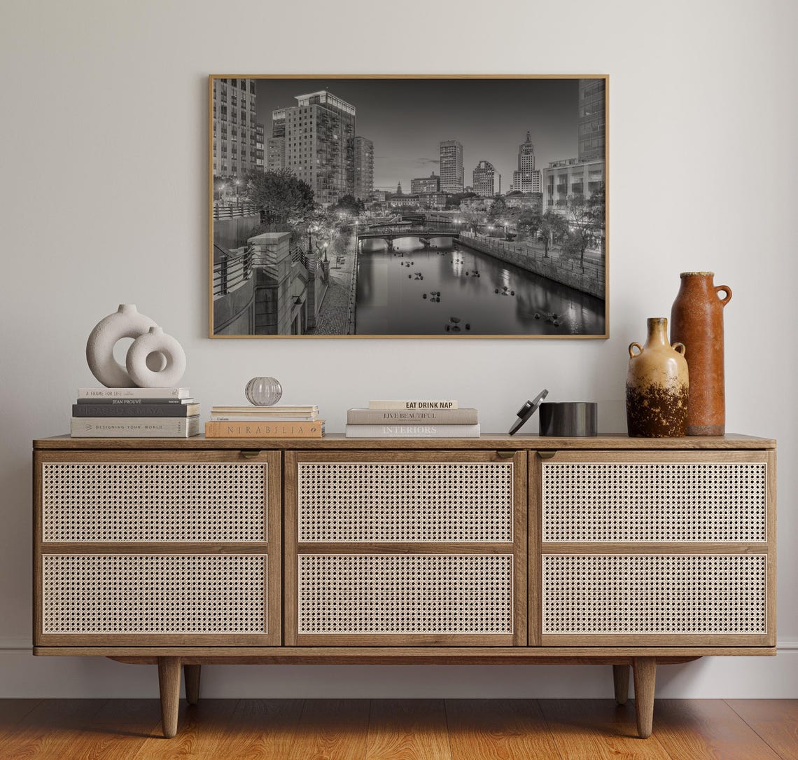 Providence Night River Bridge Skyline Black and White City Poster - Image 4