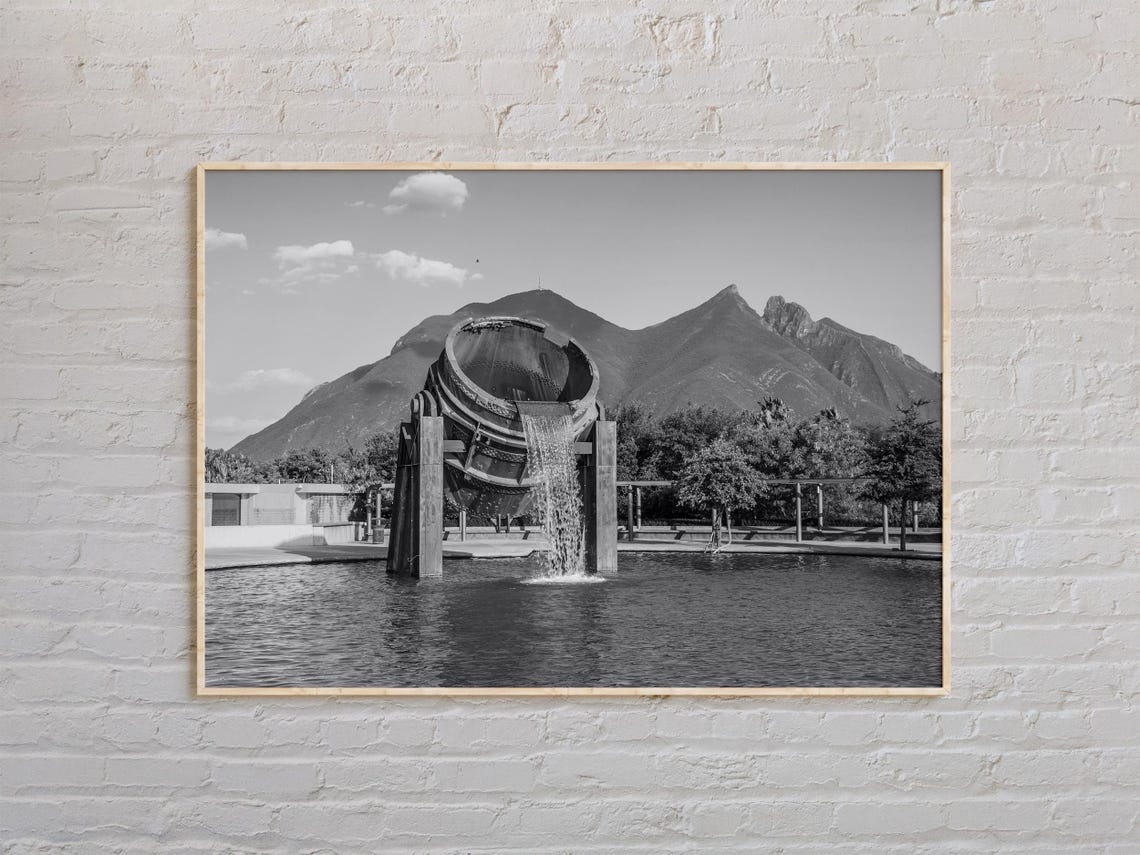 Monterrey Fountain Sculpture Black and White Mountain Park Poster