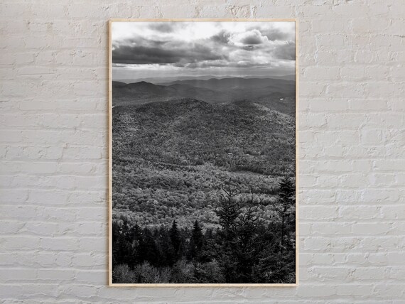 Black And White Forest Mountains Layered Peaks Photo Art Print