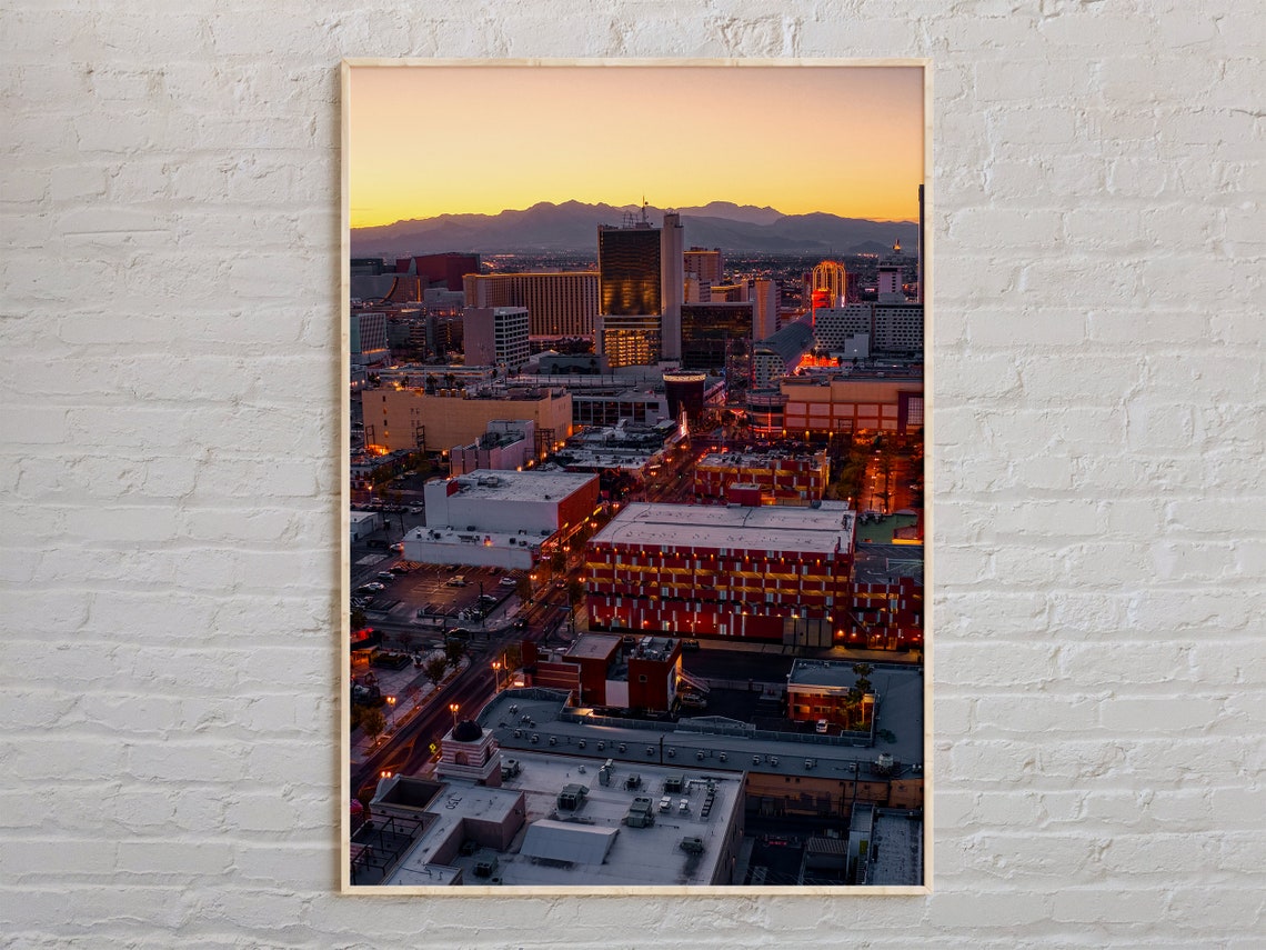 Las Vegas Nevada Downtown Skyline at Sunset with Mountains Poster