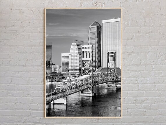 Black and White Jacksonville Skyline River Bridge Photo Poster