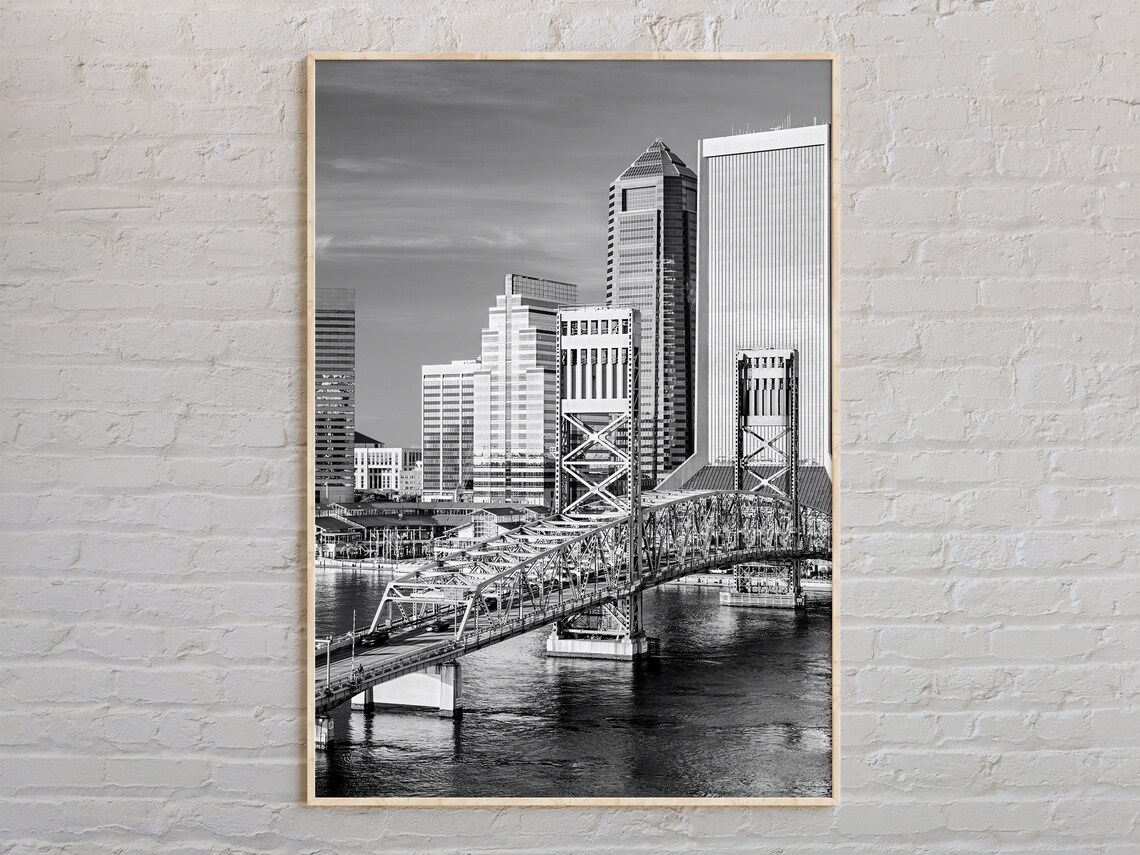 Black and White Jacksonville Skyline River Bridge Photo Poster