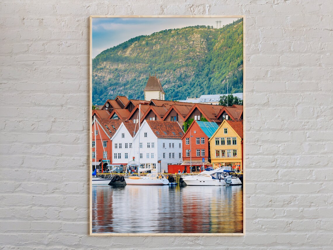 Norway Bergen Bryggen Wharf Colorful Harbor Boats Mountain Poster