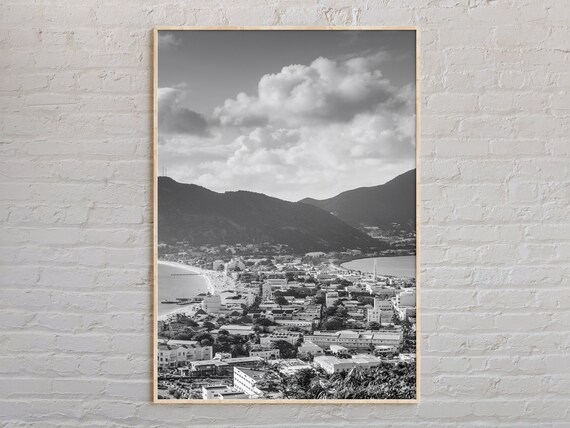 Saint Martin Caribbean Coast Aerial Black And White Photo Travel Poster
