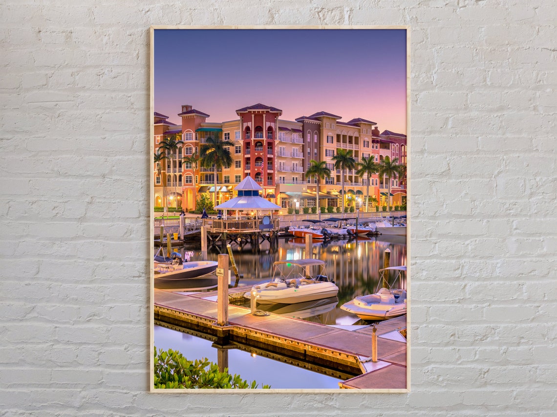 Naples Florida Marina at Sunset Boats Waterfront Travel Poster