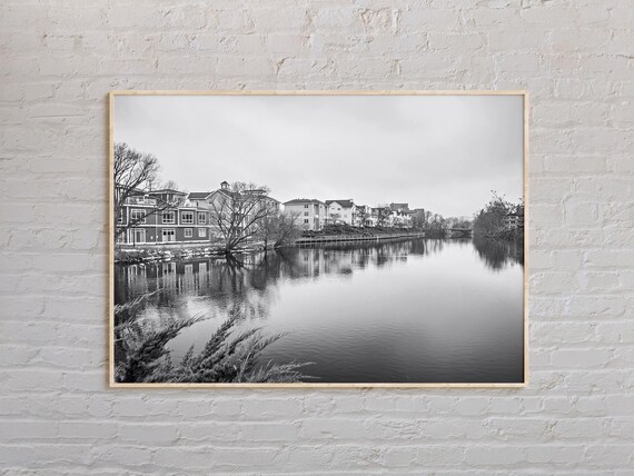 Traverse City Michigan Riverside Town Black And White Waterfront Poster