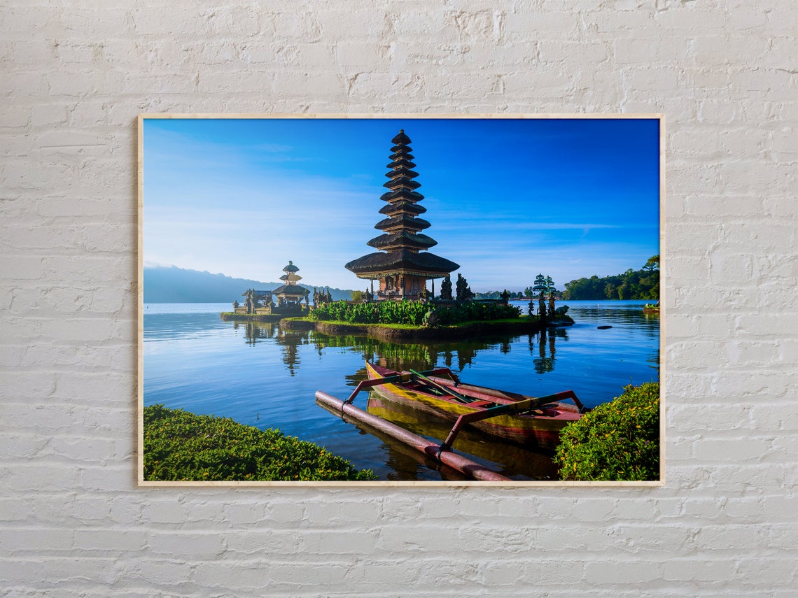 Bali Temple Ulun Danu Beratan Lake Reflection Canoe Indonesia Poster