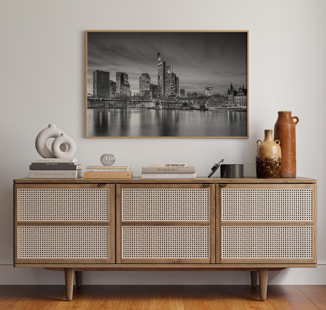 Frankfurt am Main Night Skyline River Black and White City Poster - Image 4