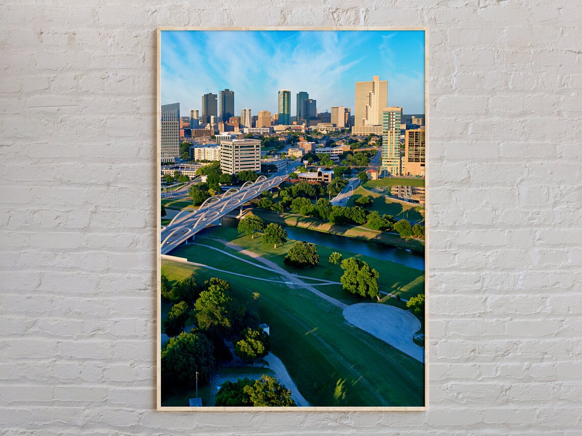 Fort Worth Texas Skyline Sunrise Aerial River Bridge Morning Poster