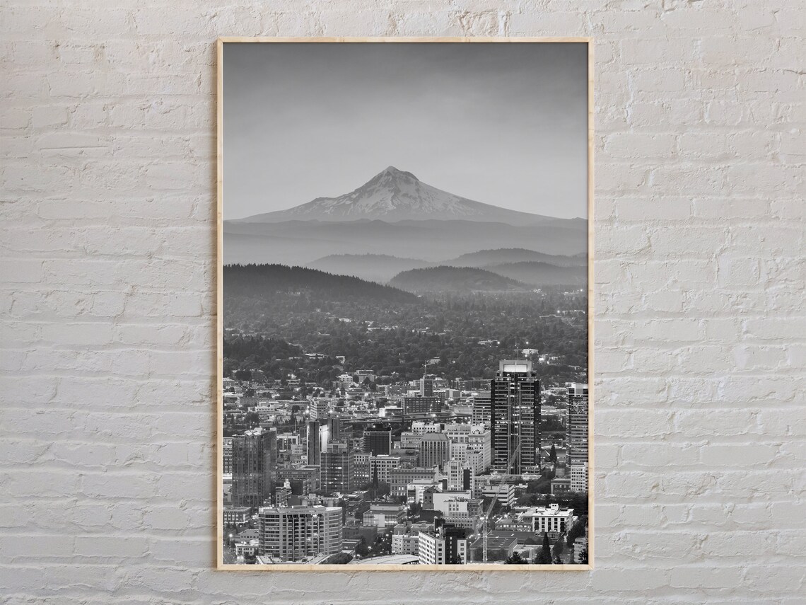 Portland Skyline With Mount Hood Black And White City Photo Poster