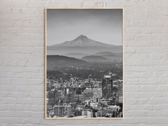 Portland Skyline With Mount Hood Black And White City Photo Poster