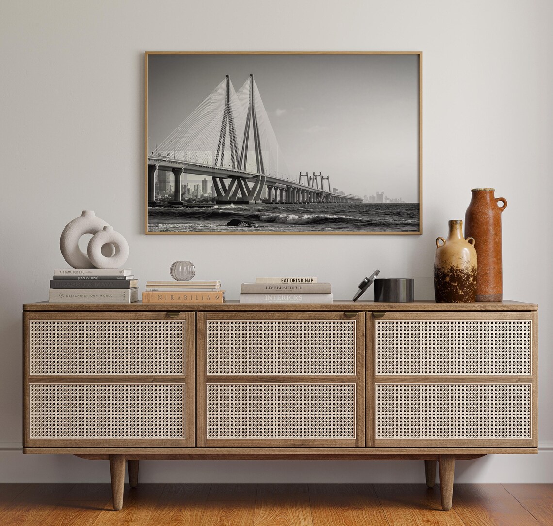 Mumbai Bandra Worli Sea Link Black and White Bridge Skyline Poster - Image 4