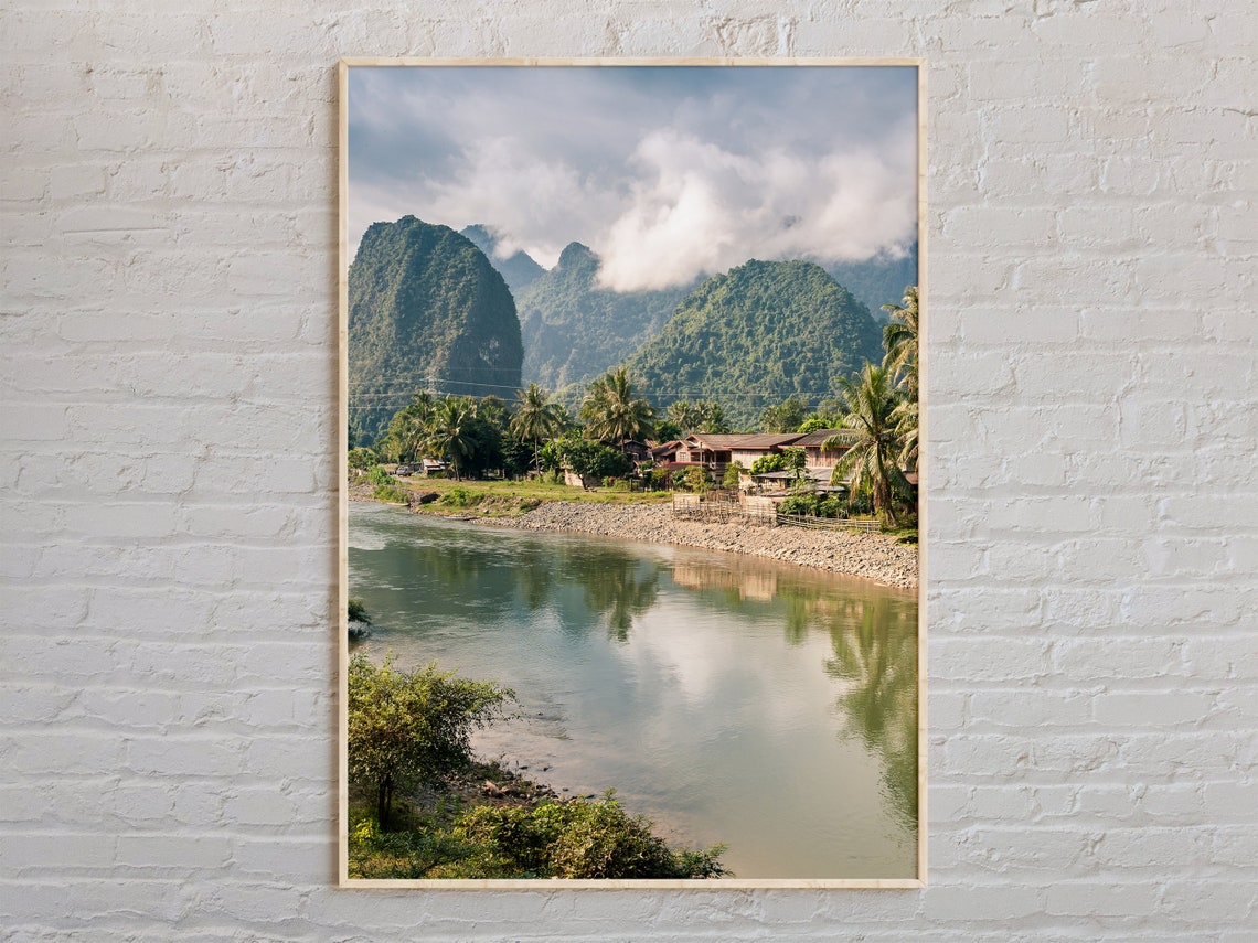 Laos River Karst Mountains Lush Green Asia Landscape Photo Poster