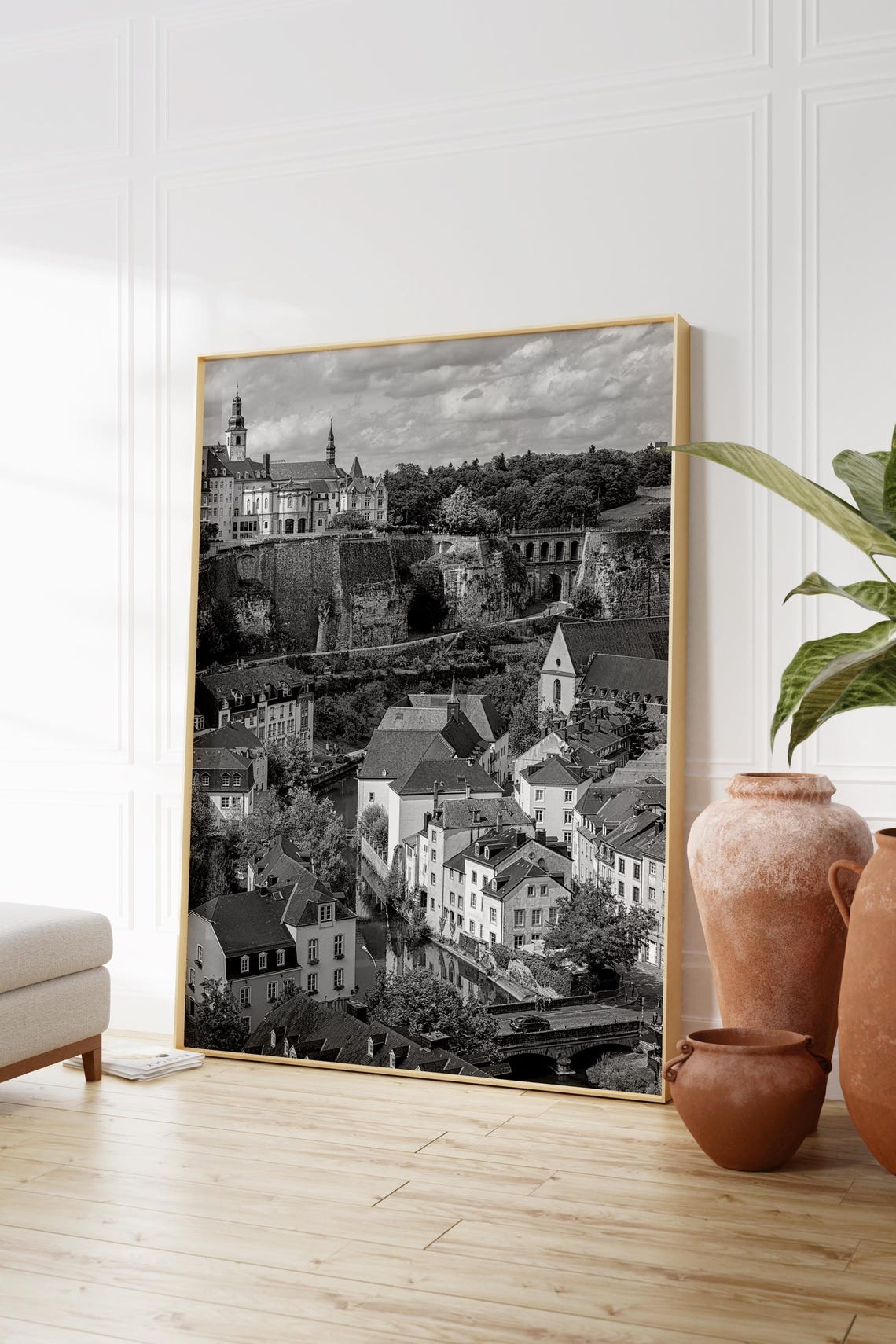 Luxembourg City Old Town Cliffs Black White Vintage Landscape Poster - Image 2