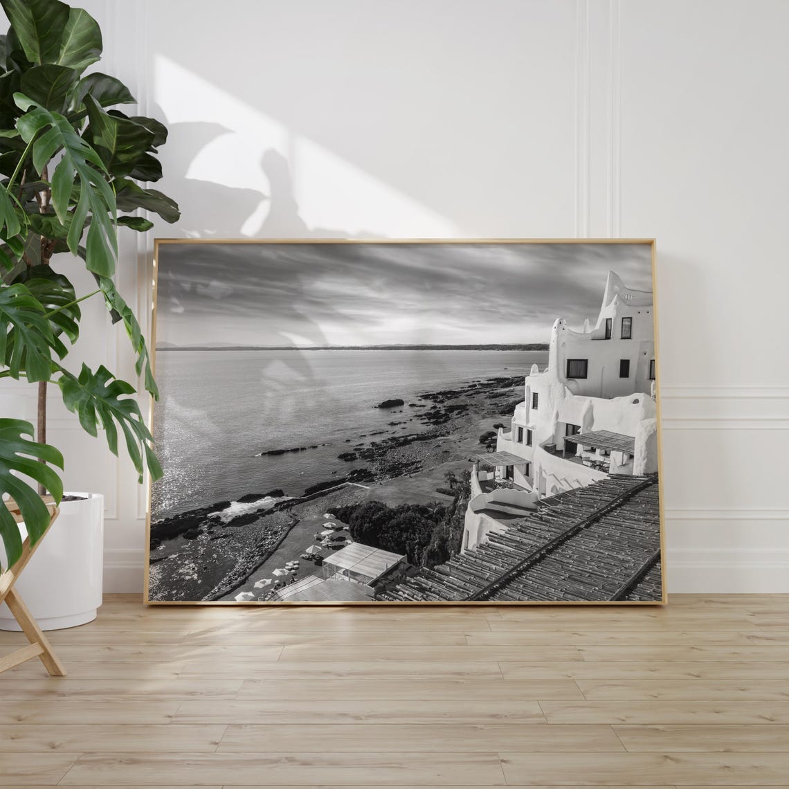 Uruguay Whitewashed Oceanfront Hotel Black And White Coastal Poster - Image 2