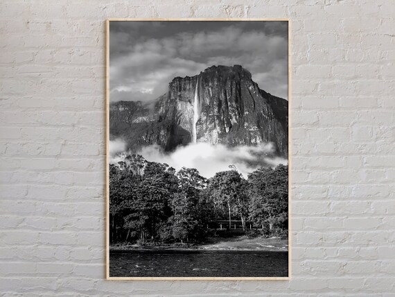 Venezuela Tepui Waterfall Black And White Photography Nature Poster