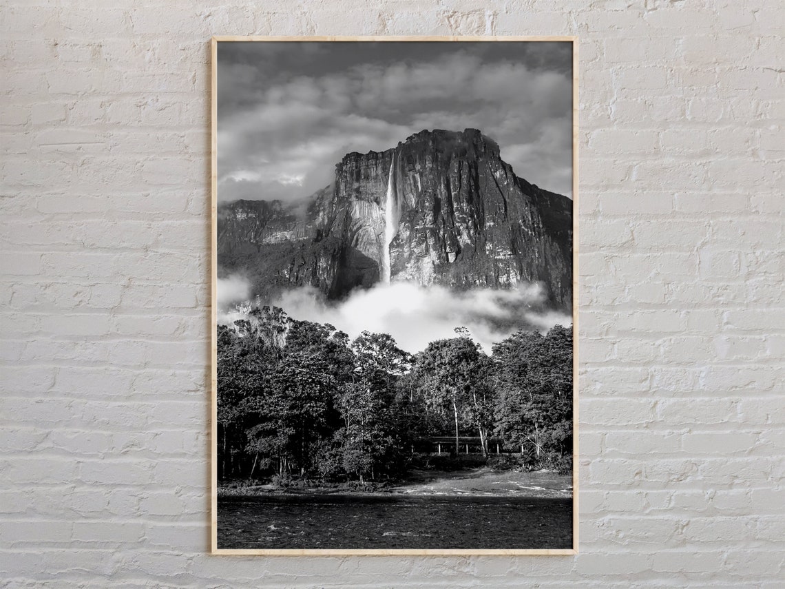 Venezuela Tepui Waterfall Black And White Photography Nature Poster