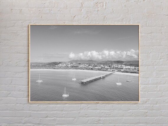 Coffs Harbour Aerial Bay Pier and Sailboats Black and White Poster