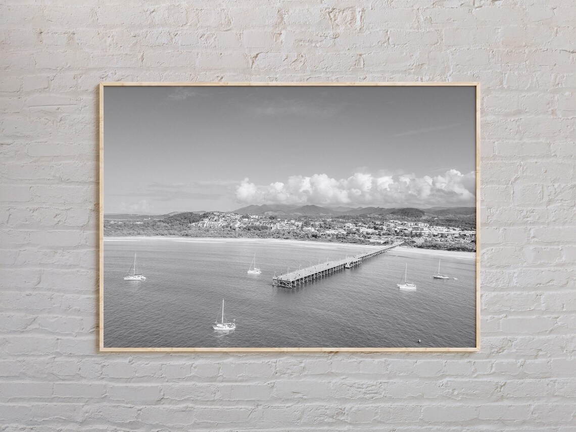 Coffs Harbour Aerial Bay Pier and Sailboats Black and White Poster