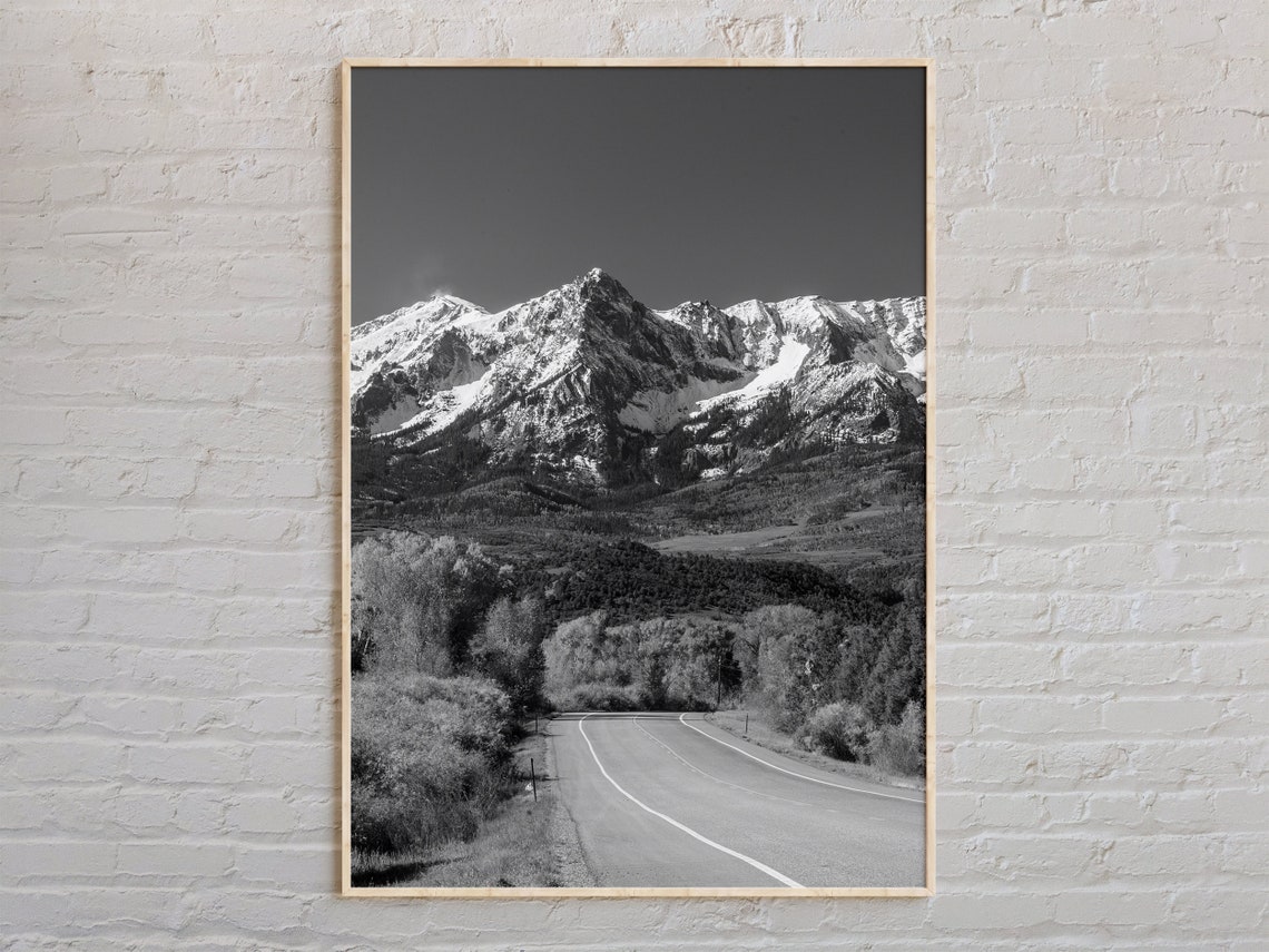 Rocky Mountains Snowy Peak Road Black And White Landscape Poster