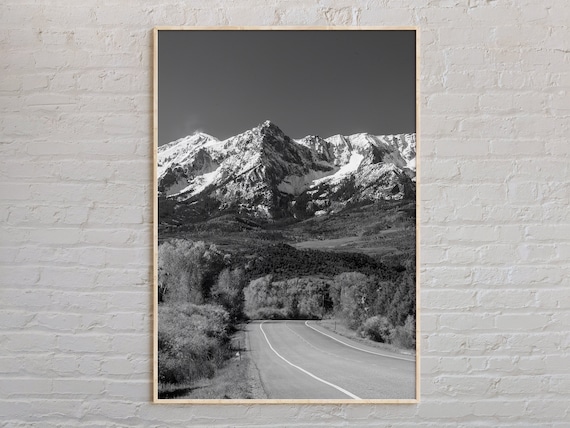 Rocky Mountains Snowy Peak Road Black And White Landscape Poster
