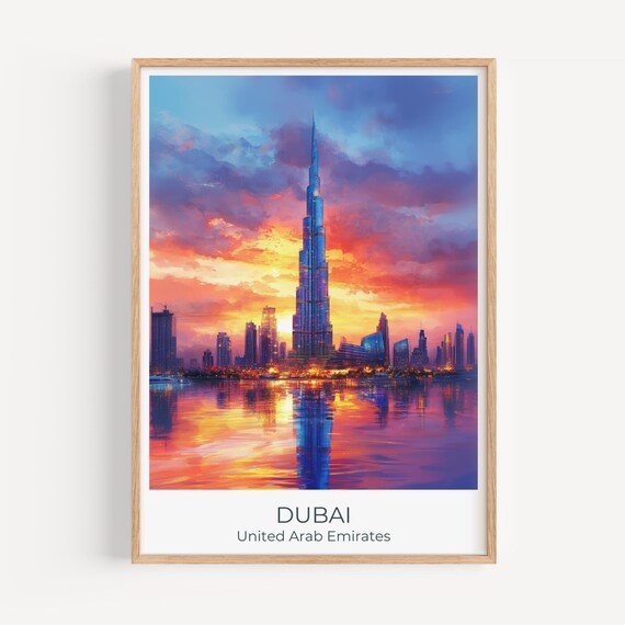 Dubai Skyline Sunset Burj Khalifa Watercolor Cityscape Poster