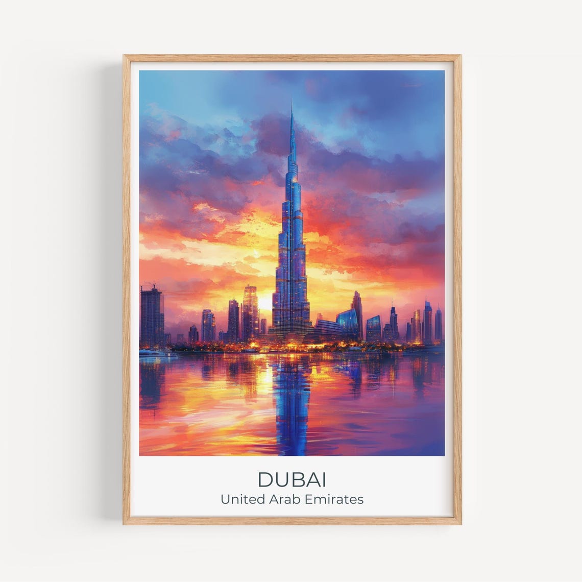 Dubai Skyline Sunset Burj Khalifa Watercolor Cityscape Poster