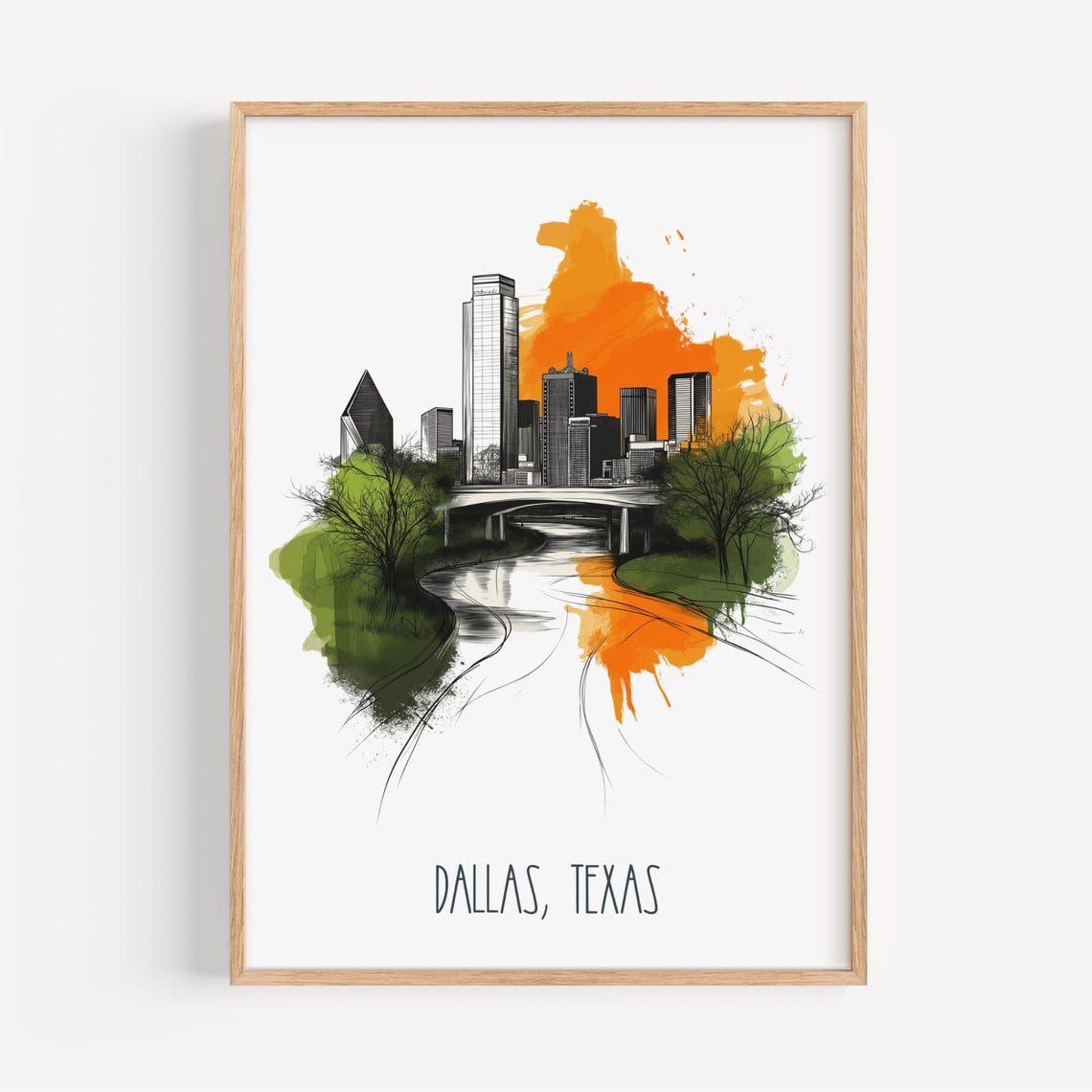 Dallas Texas Skyline Poster Trinity River Bridge City Line Art