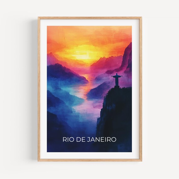 Rio De Janeiro Travel Poster With Colorful Sunset Over Christ Redeemer