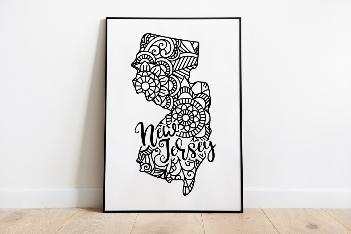 New Jersey Floral Mandala State Outline Map Black White Home Decor Poster