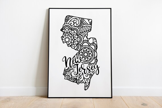 New Jersey Floral Mandala State Outline Map Black White Home Decor Poster