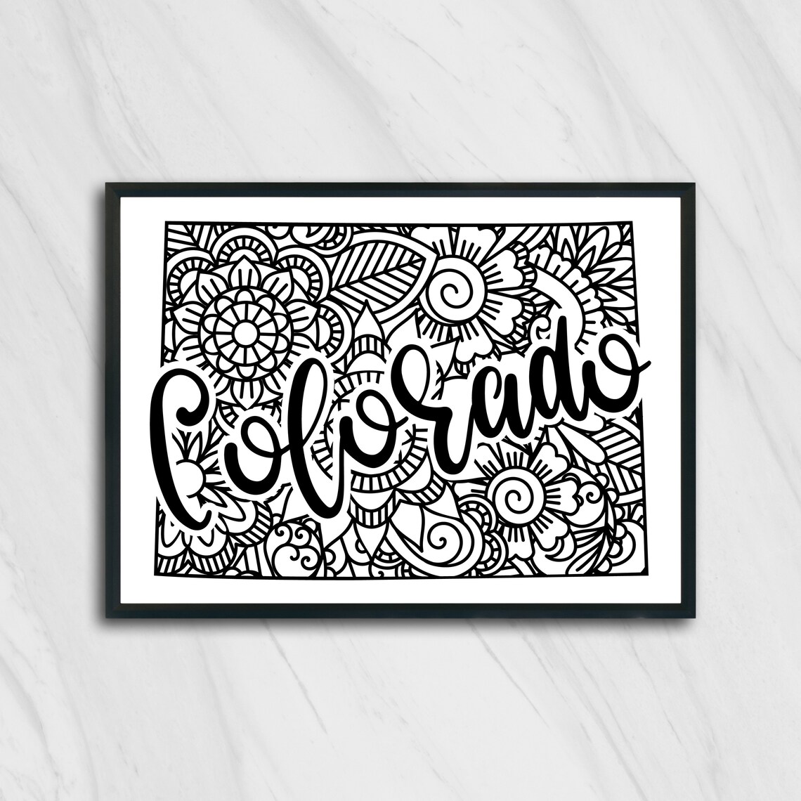 Colorado Floral Mandala State Outline Map Black White Home Decor Poster