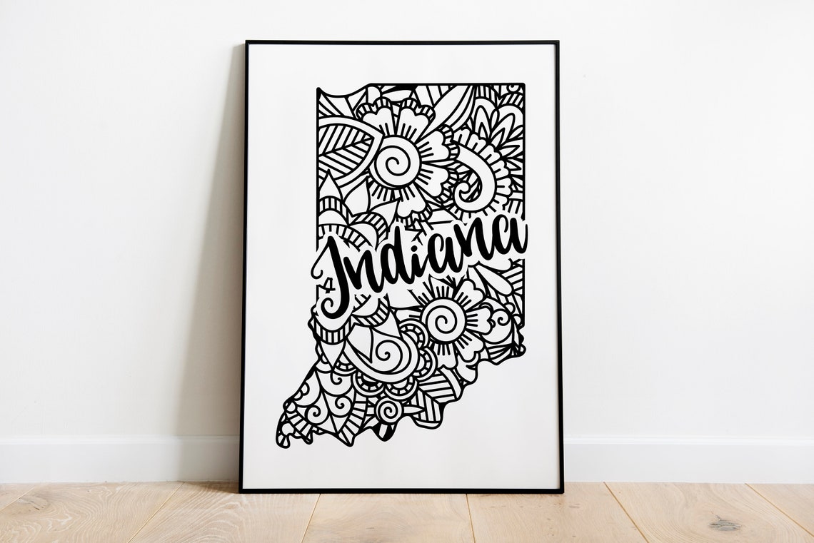 Indiana Floral Mandala State Outline Map Black White Home Decor Poster