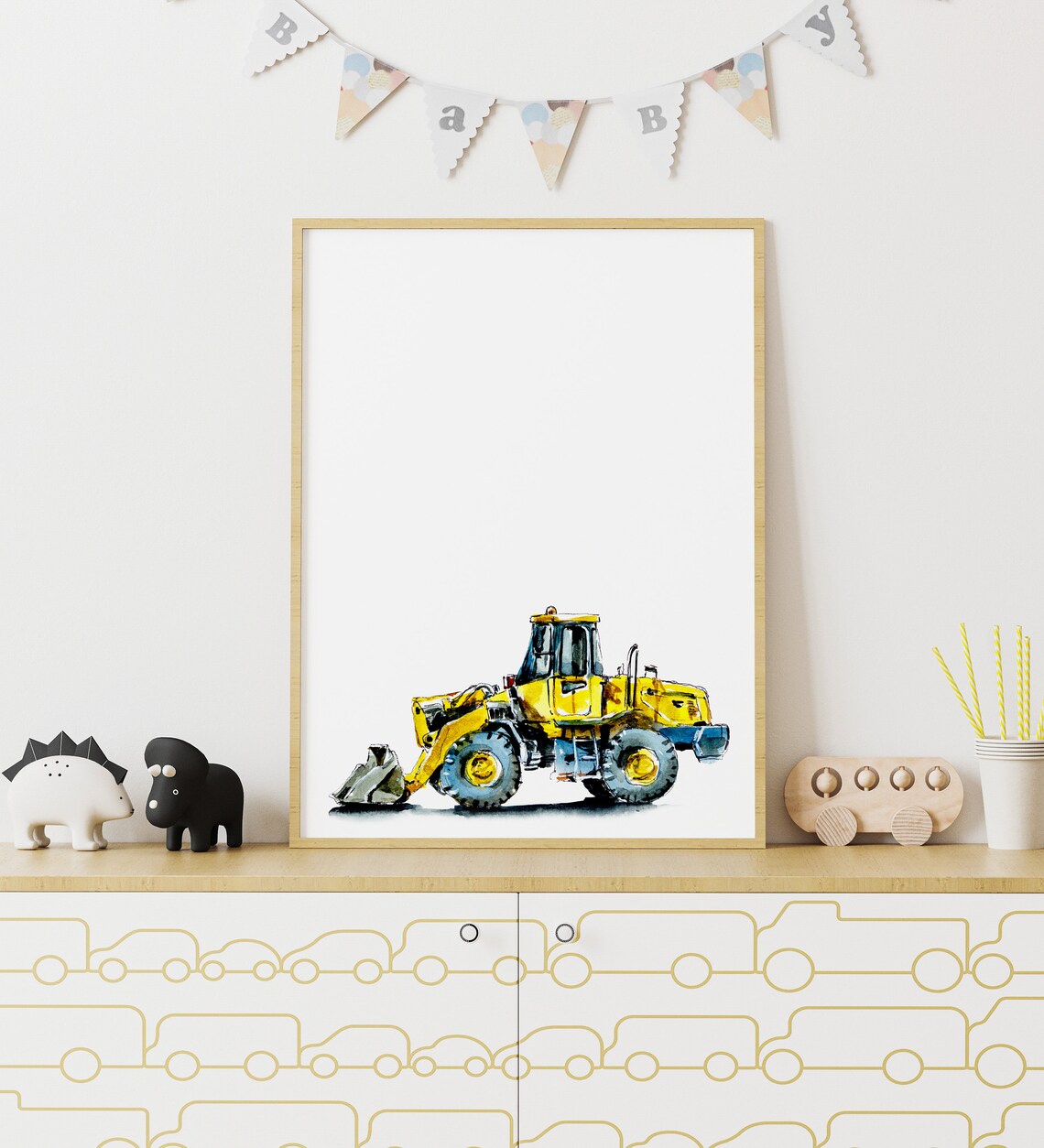 Excavator Watercolor Construction Truck Yellow Nursery Kids Wall Art