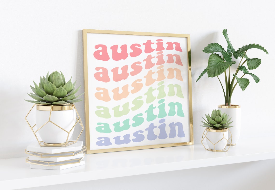Austin Texas Retro Groovy Wavy Letters Pastel Rainbow Colors Wall Art - Image 2