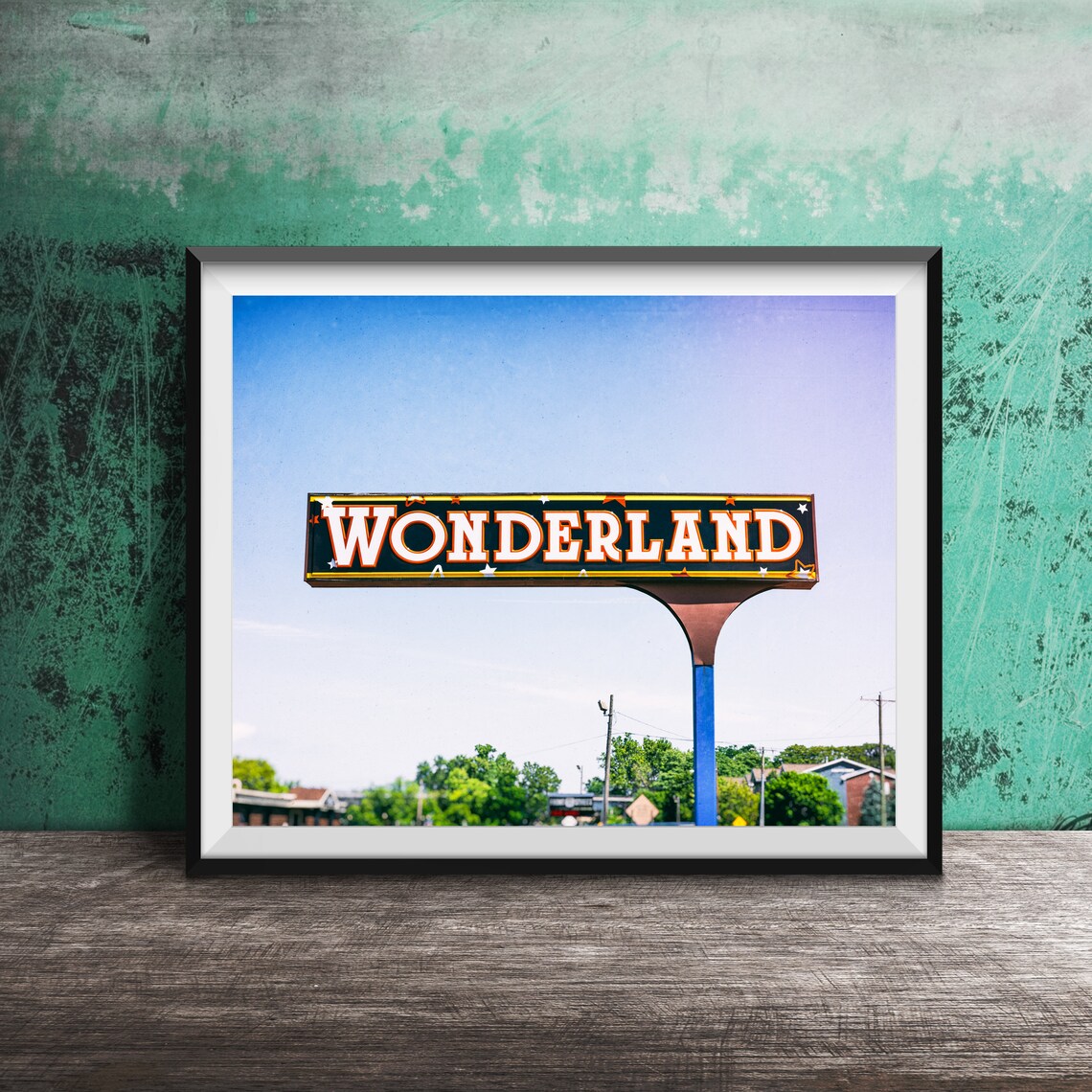 Wonderland Vintage Roadside Sign Against Bright Blue Sky Poster