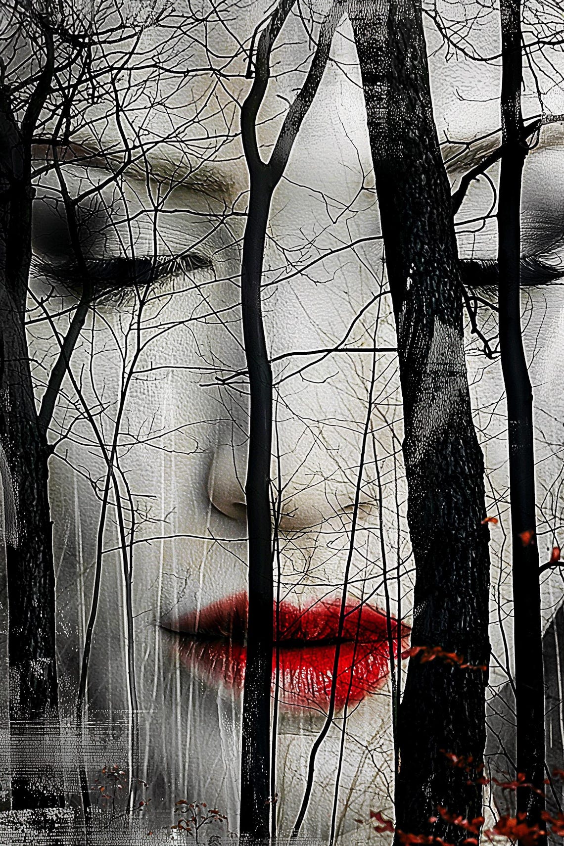 Without You Woman's Face Behind Bare Winter Trees Red Lips Poster - Image 2