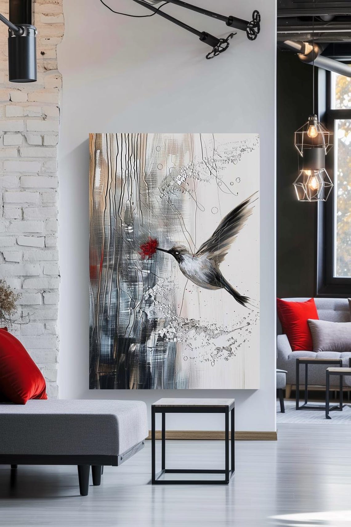 Monochrome Hummingbird With Single Red Flower Ink Style Poster