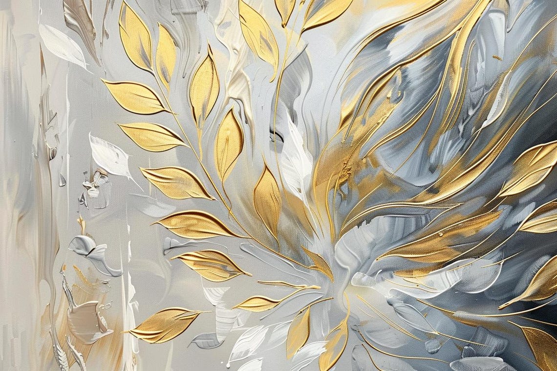 Opulent Gold White And Gray Swirling Floral Abstract Painting Poster - Image 2