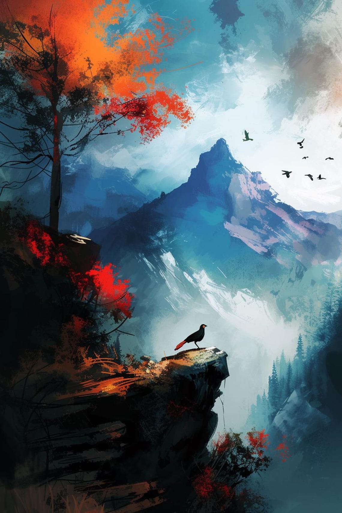 Misty Mountain Peak With Bird On Cliff Landscape Painting Poster - Image 2