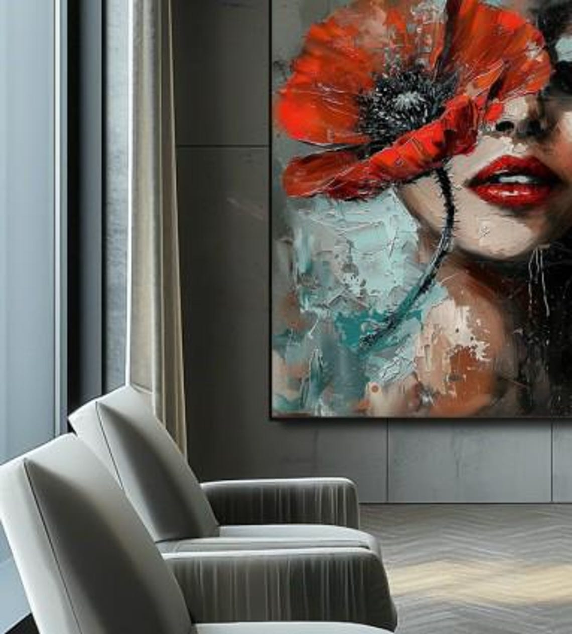 Woman With Red Poppy Bloom Covering Her Face Abstract Portrait Poster - Image 3