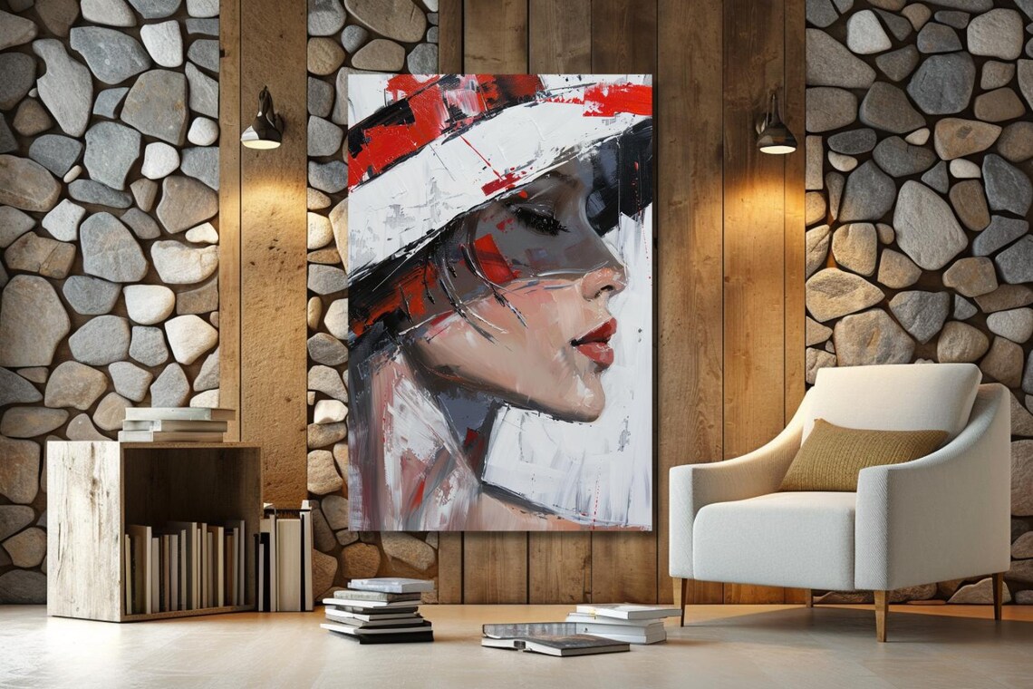 Woman In White Hat Profile Red Black Abstract Portrait Poster - Image 3