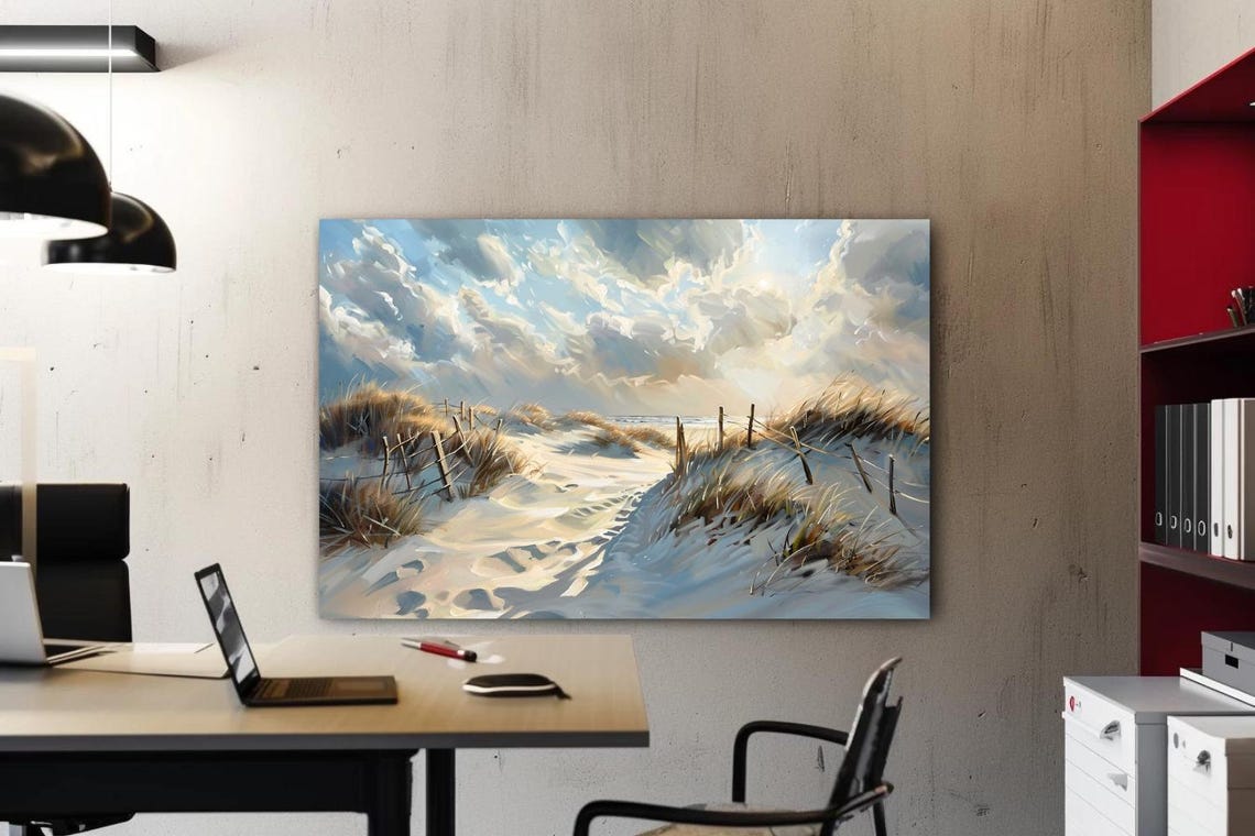 Snowy Sand Dune Path To Sea Under Dramatic Cloudy Sky Poster